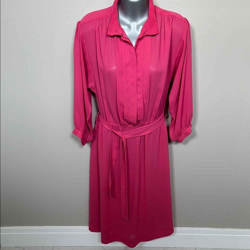 Pink Midi Dress with Notched Collar and Cuffed Sleeves